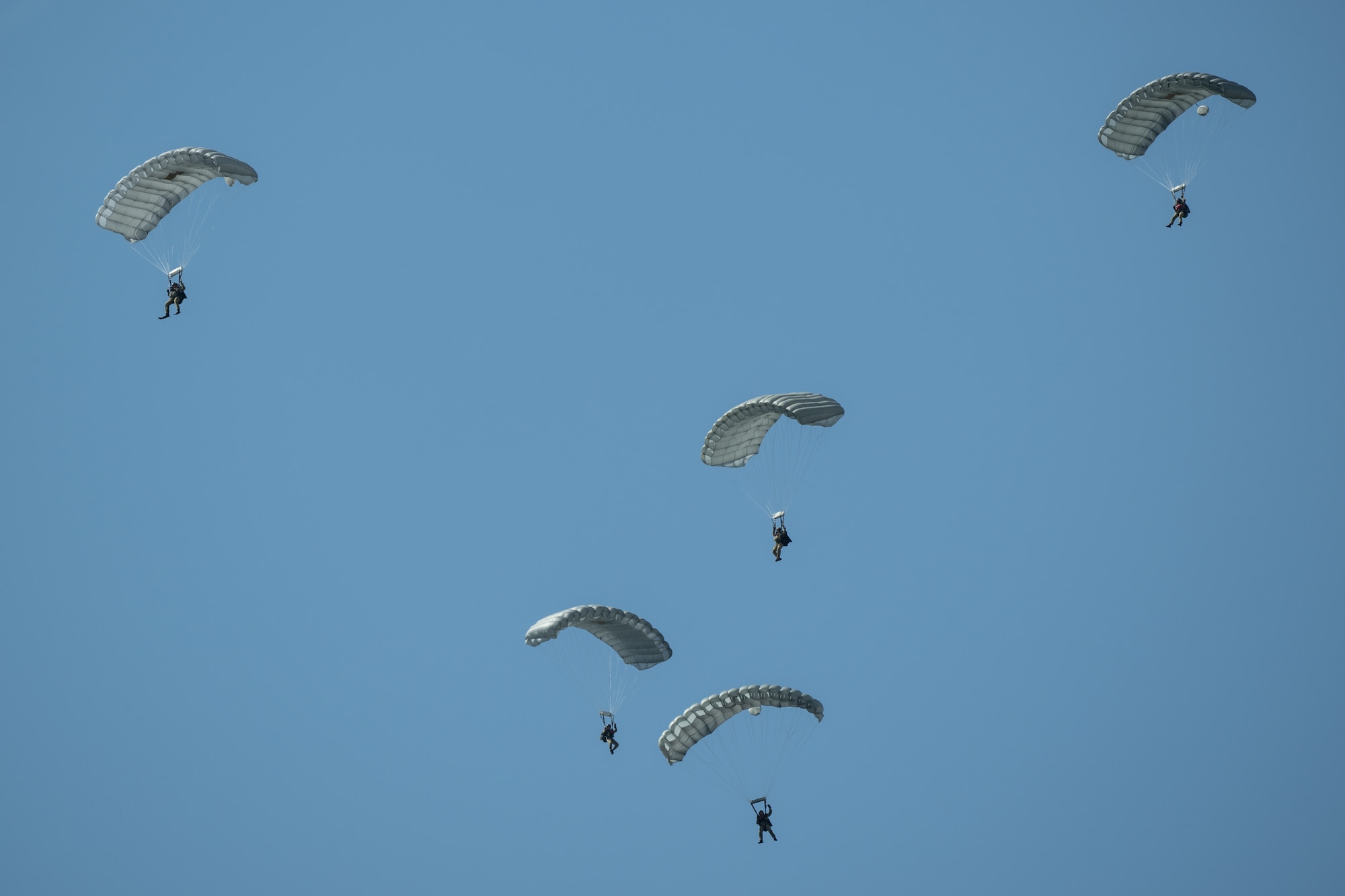 Airmen from the Kentucky Air National Guard’s 123rd Special Tactics Squadron parachute into the Ohio River in downtown Louisville, Ky., April 22, 2023, as part of the annual Thunder Over Louisville air show. The event featured more than 20 military and civilian planes, including a C-130J Super Hercules from the Kentucky Air National Guard, which served as the aircraft from which this jump was performed. (U.S. Air National Guard photo by Dale Greer)