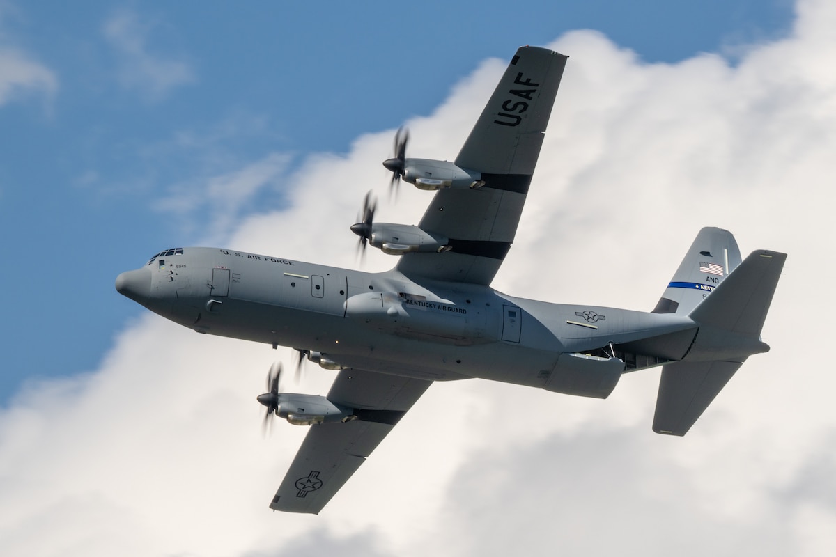 A C-130J Super Hercules from the Kentucky Air National Guard’s 123rd Airlift Wing performs an aerial demonstration along the banks of the Ohio River in downtown Louisville, Ky., April 22, 2023, as part of the annual Thunder Over Louisville air show. This year’s event featured more than 20 military and civilian planes, from the latest-generation fighter jets to historic warbirds. (U.S. Air National Guard photo by Dale Greer)