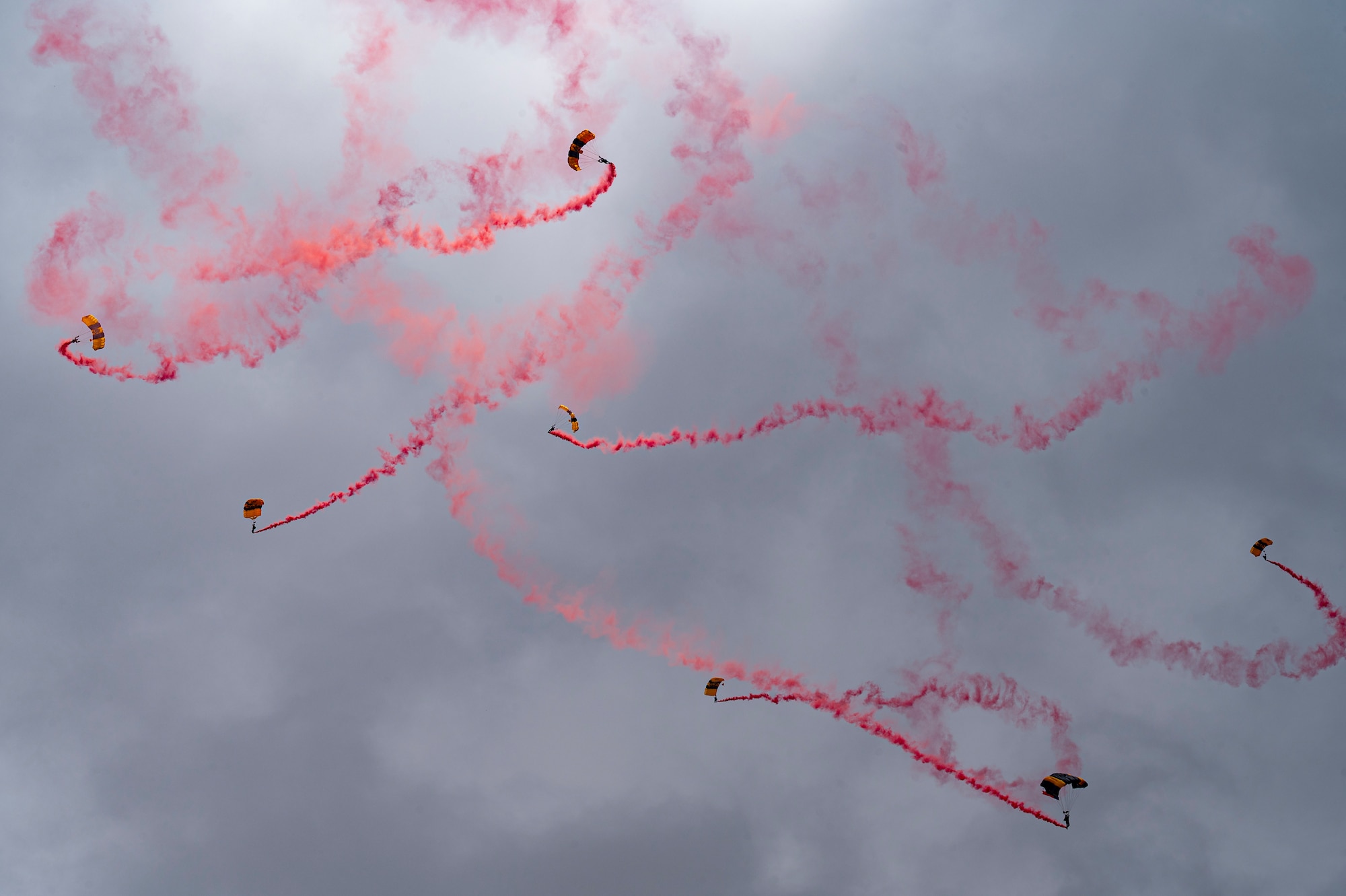 The U.S. Army Golden Knights perform during the 2023 Dyess Big Country Air Fest on Dyess Air Force Base, Texas, April 22, 2023. More than 30,000 event goers attended the one-day event highlighting the best of America’s only Lift and Strike base, Air Force heritage and Dyess community partners. The air show featured the F-22 Raptor demo team, U.S. Air Force Academy Wings of Blue, U.S. Army Golden Knights, WWII heritage flight and B-1B Lancer and C-130J Super Hercules fly overs. (U.S. Air Force photo by Senior Airman Josiah Brown)