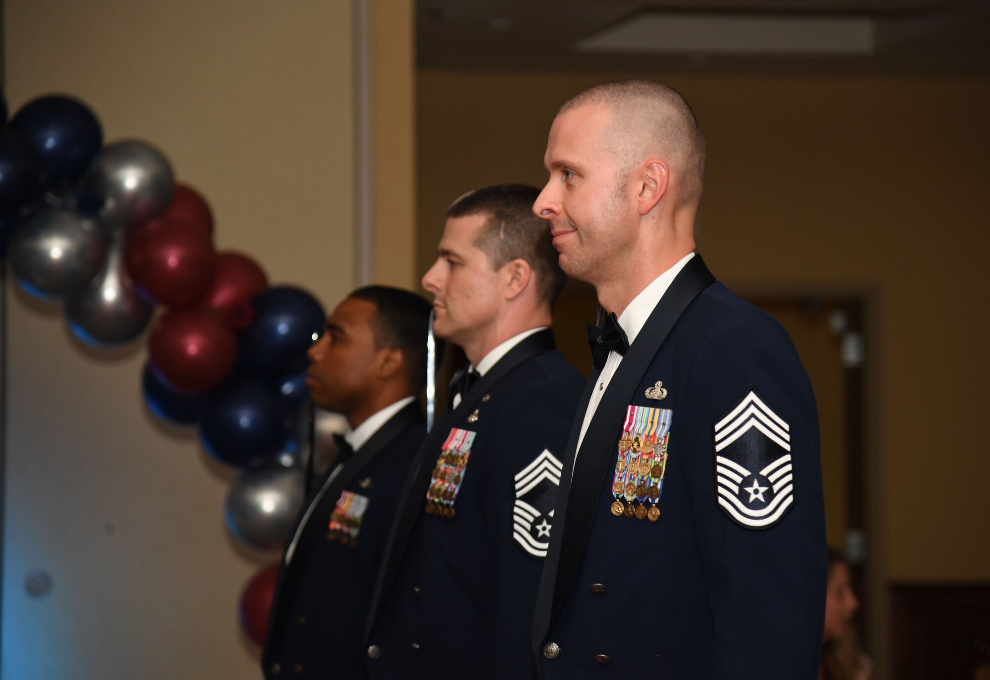 U.S. Air Force Chief Master Sgt. Lance Power, 81st Mission Support Group superintendent, leads the saber team during the Chief Master Sergeant Recognition Ceremony inside the Bay Breeze Event Center at Keesler Air Force Base, Mississippi, April 20, 2023.