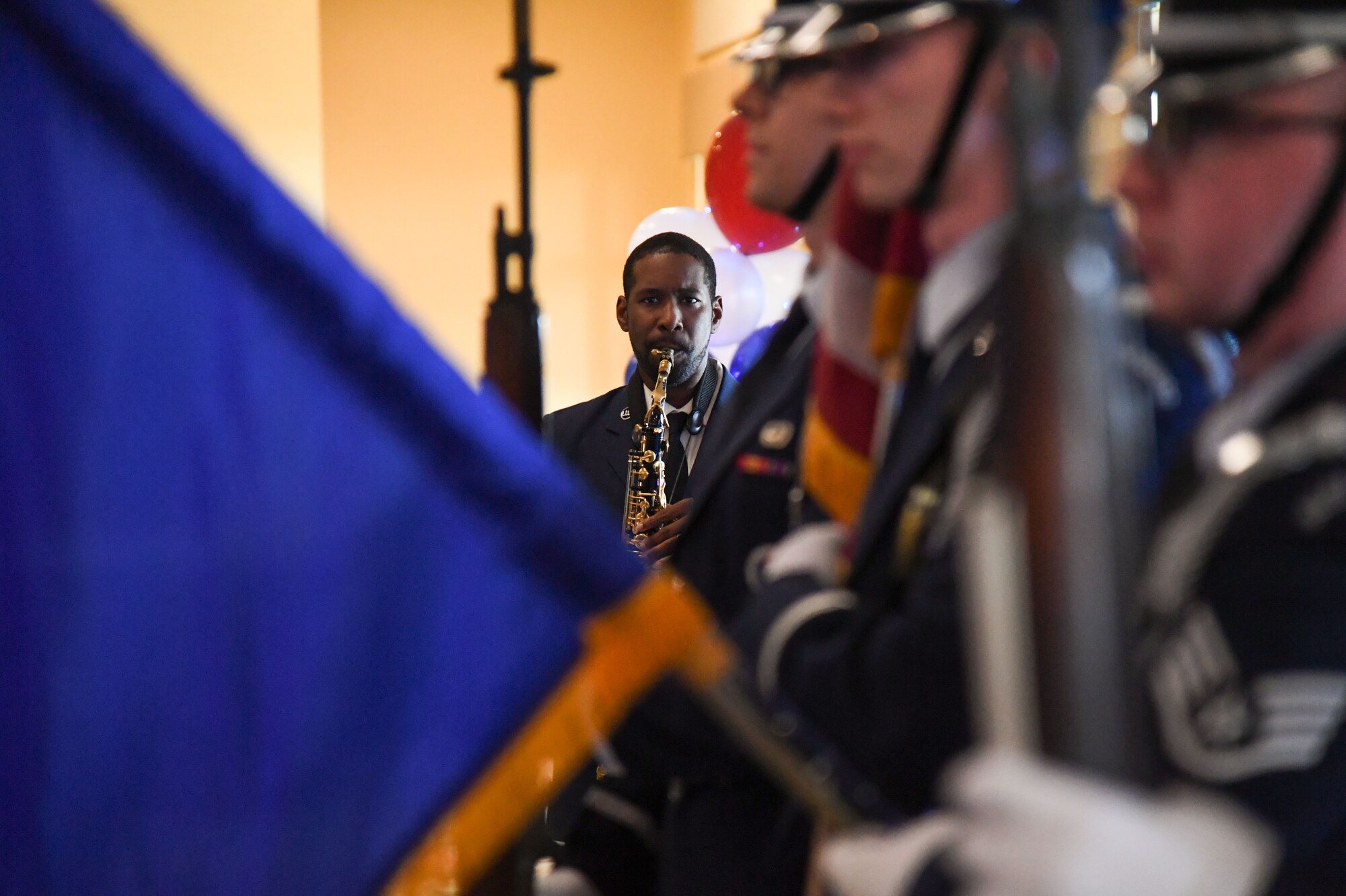 U.S. Air Force Staff Sgt. Bobby Lucas, III, 338th Training Squadron military training leader, plays the national anthem during the Chief Master Sergeant Recognition Ceremony inside the Bay Breeze Event Center at Keesler Air Force Base, Mississippi, April 20, 2023.