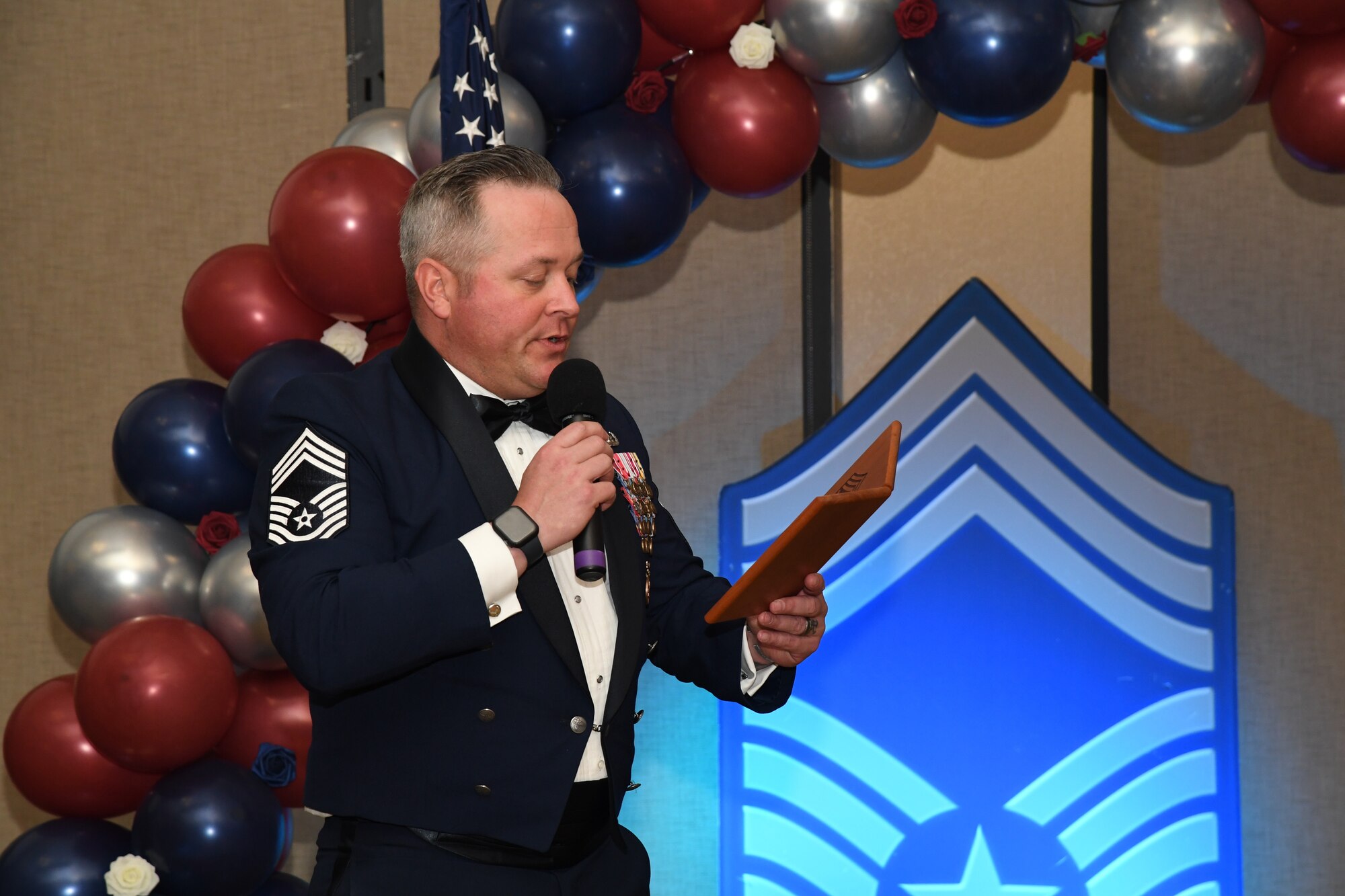 U.S. Air Force Chief Master Sgt. Jeremy Phillips, 81st Training Group senior enlisted leader, delivers remarks during the Chief Master Sergeant Recognition Ceremony inside the Bay Breeze Event Center at Keesler Air Force Base, Mississippi, April 20, 2023.