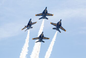 The U.S. Navy Flight Demonstration Team, the Blue Angels perform aerobatic maneuvers for spectators at the 2023 Beaufort Airshow at Marine Corps Air Station Beaufort, S.C., April 23.