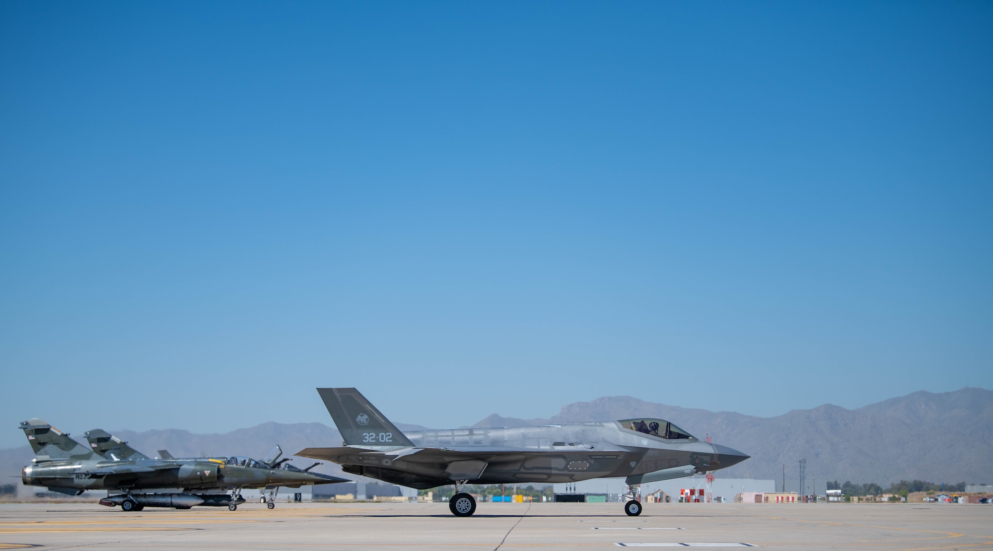 An F-35 Lightning II assigned to the 56th Fighter Wing, piloted by U.S. Air Force Maj. Christopher Jeffers, 62nd Fighter Squadron student pilot, prepares for takeoff, April 17, 2023, at Luke Air Force Base, Arizona.