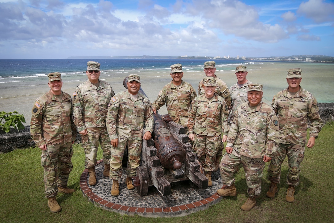 National Guard chiefs of staff from Region VII visit a historical site with a cannon from the Spanish Colonial Era in Hagatna, Guam April 18, 2023. The delegation spent three days on the island to discuss regional issues, share best practices, and gain a better understanding of the uniqueness of Guam's operational and cultural environment.