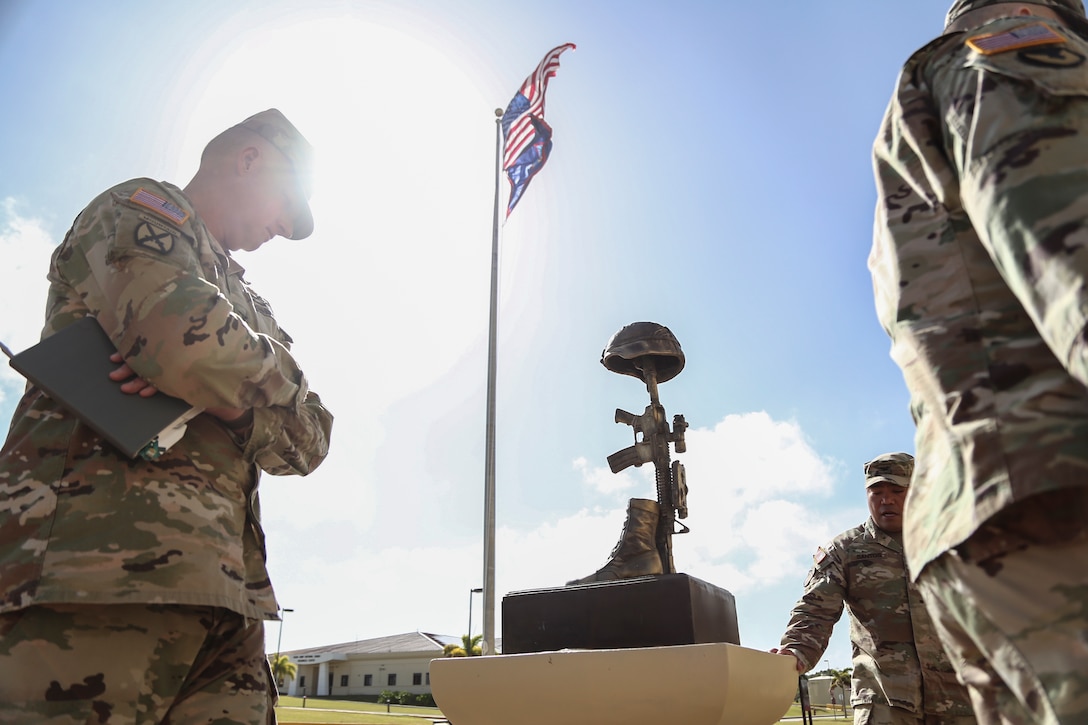 U.S. Army Col. John Krueger, chief of staff of the Nevada National Guard, visits the Guam National Guard Fallen Heroes Memorial in Barrigada, April 18, 2023. Krueger, along with the other chiefs of staff of National Guard Region VII, spent three days on the island to discuss regional issues, share best practices, and gain a better understanding of the uniqueness of Guam's operational and cultural environment.