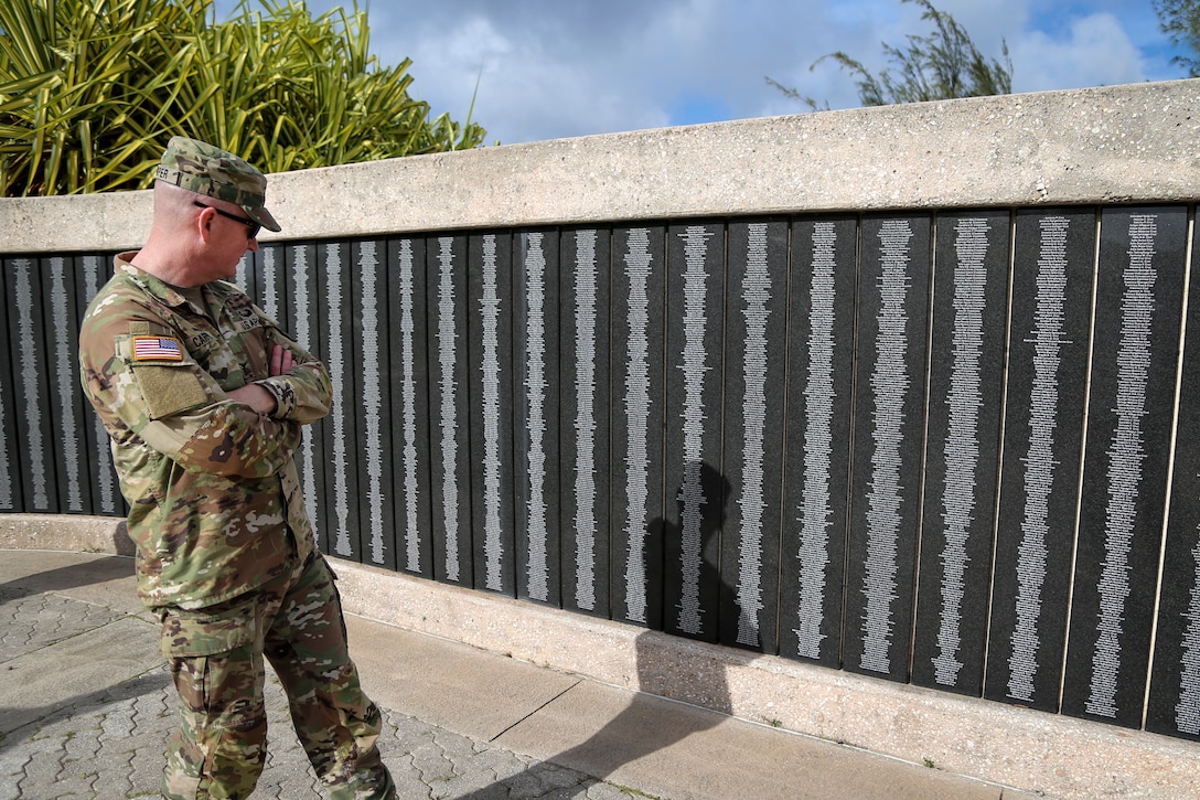 U.S. Army Col. Nathaniel Carper, chief of staff of the New Mexico National Guard, visits the War in the Pacific National Park Asan Overlook Memorial in Guam, April 18, 2023. The memorial, which honors the nearly 2,000 Guamanians who lost their lives during the WW2 occupation of Guam, was part of a cultural tour given during a Chief of Staff Advisory Council Conference for Region VII, hosted by the Guam Guard.