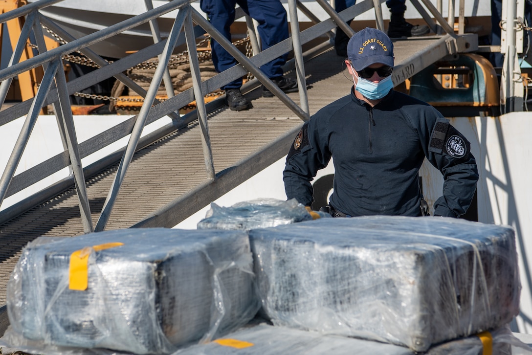 A Coast Guard Cutter Forward crewmember maintains watch of illegal narcotics in Port Everglades, Florida, April 18, 2023. The Forward is homeported in Portsmouth, Virginia. (U.S. Coast Guard photo by Petty Officer 3rd Class Ryan Estrada)