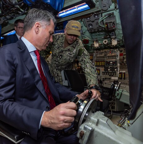 HMAS STIRLING, Australia (March 16, 2023) - Australian Deputy Prime Minister Richard Marles visits the control room of the Los Angeles-class fast-attack submarine USS Asheville (SSN 758) during a tour, March 16. Asheville conducted multiple tours for distinguished visitors during a routine port visit to HMAS Stirling, Western Australia to enhance interoperability and communication, and strengthen relationships with the Royal Australian Navy. (Courtesy photo by Australian Department of Defence)