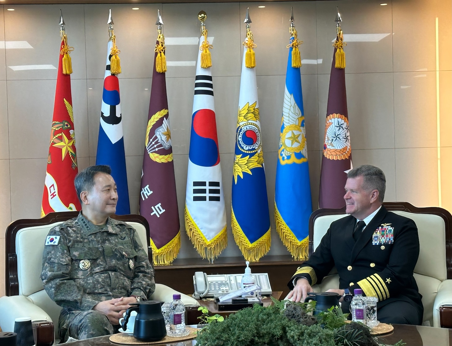 Republic of Korea Gen. Kim Seung Kyum and U.S. Navy Adm. Samuel Paparo pose for a photo.