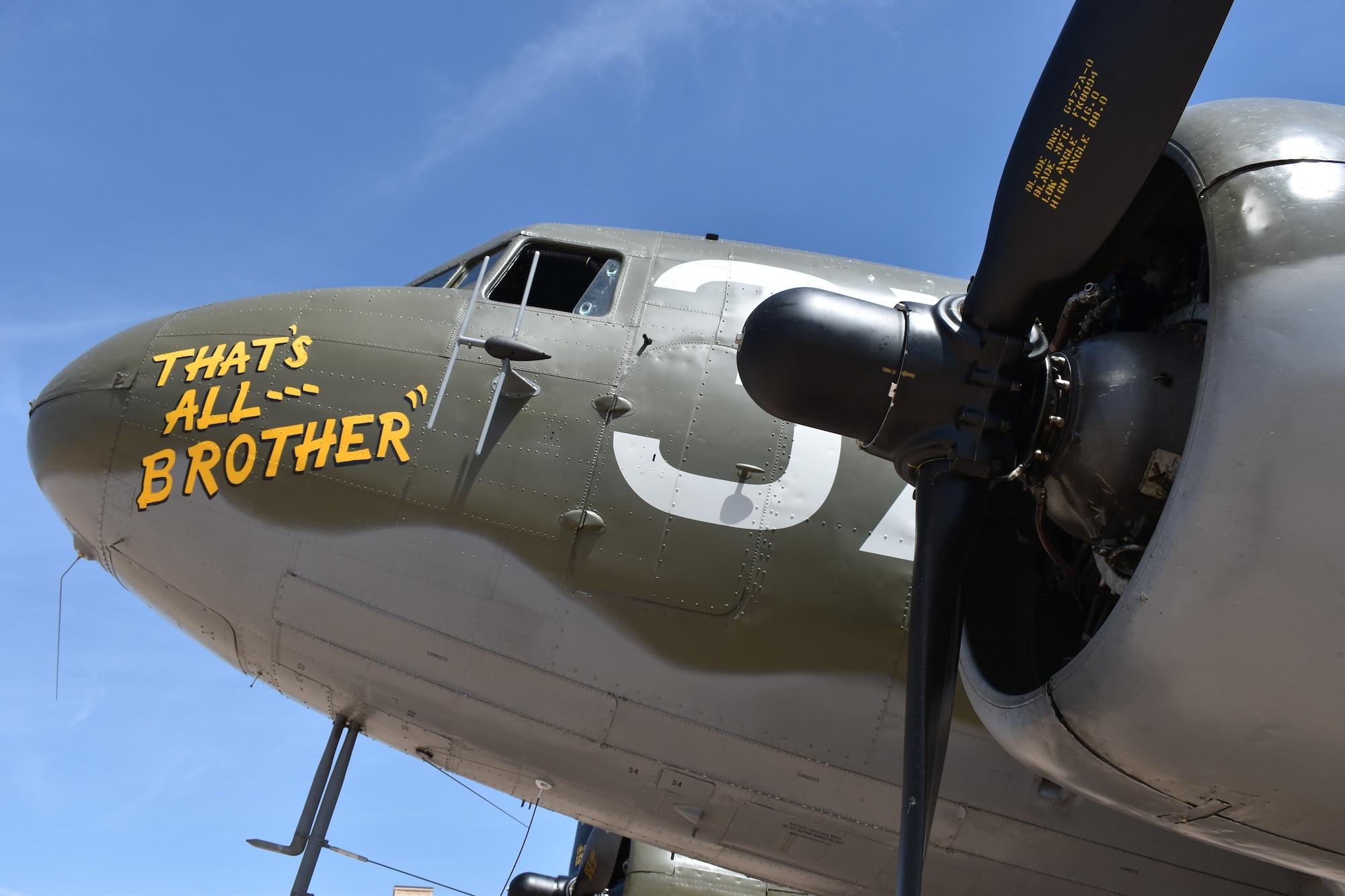 The C-47 That’s All, Brother aircraft, sits on display on the flightline during the 2023 Dyess Big Country Air Fest rehearsal day at Dyess Air Force Base, Texas, April 21, 2023. More than 30,000 event goers attended the one-day event highlighting the best of America’s only Lift and Strike base, Air Force heritage and Dyess community partners. The air show featured the F-22 Raptor demo team, U.S. Air Force Academy Wings of Blue, U.S. Army Golden Knights, WWII heritage flight and B-1B Lancer and C-130J Super Hercules fly overs. (U.S. Air Force photo by Staff Sgt. Matthew Angulo)