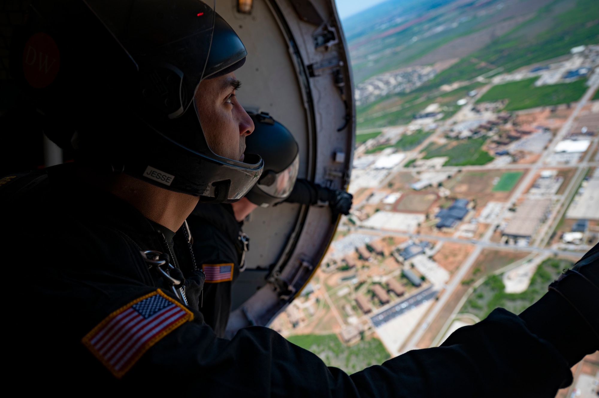 The U.S. Army Golden Knights perform during the 2023 Dyess Big Country Air Fest on Dyess Air Force Base, Texas, April 22, 2023. More than 30,000 event goers attended the one-day event highlighting the best of America’s only Lift and Strike base, Air Force heritage and Dyess community partners. The air show featured the F-22 Raptor demo team, U.S. Air Force Academy Wings of Blue, U.S. Army Golden Knights, WWII heritage flight and B-1B Lancer and C-130J Super Hercules fly overs. (U.S. Air Force photo by Senior Airman Josiah Brown)