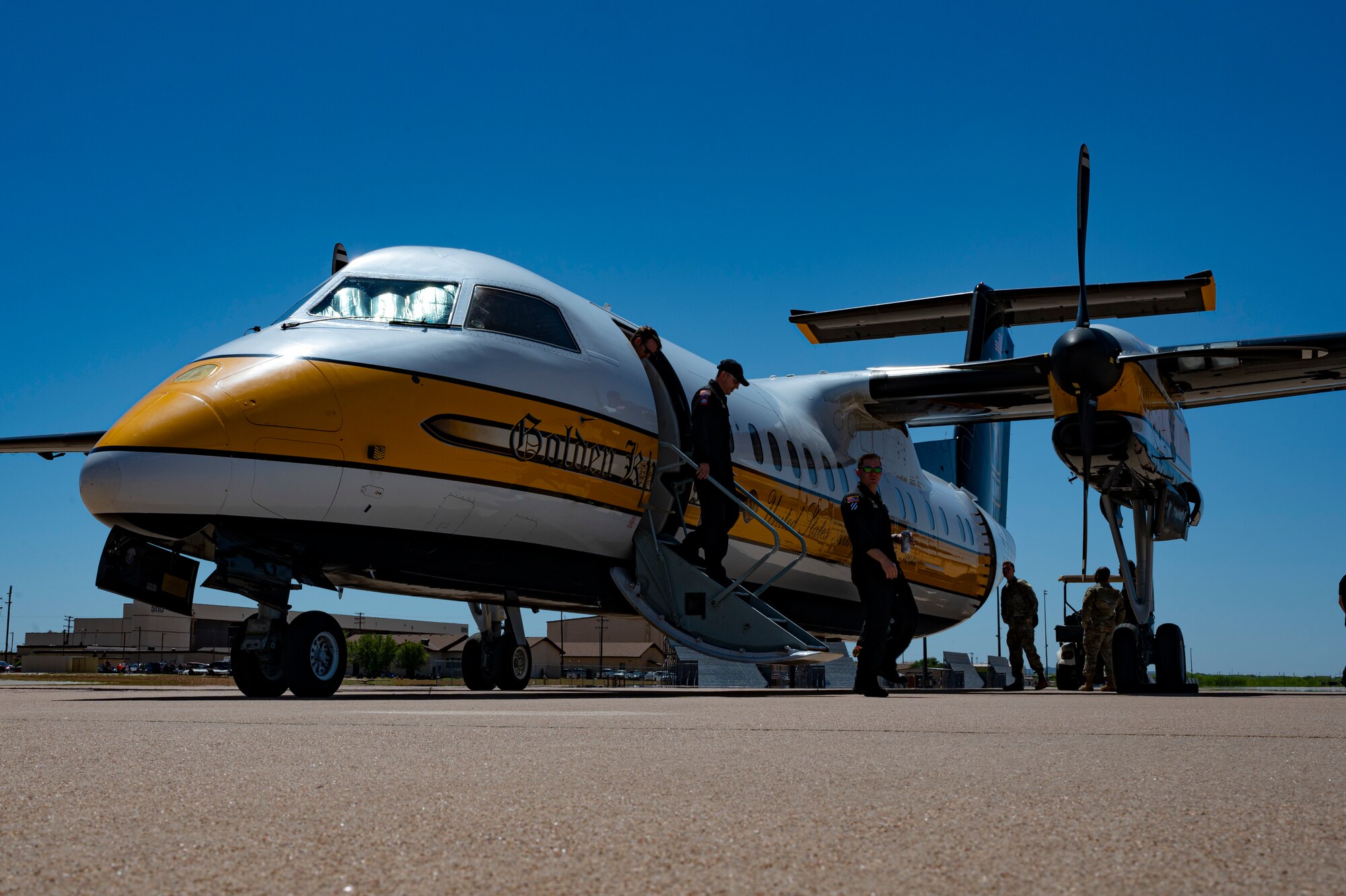 The U.S. Army Golden Knights perform during the 2023 Dyess Big Country Air Fest on Dyess Air Force Base, Texas, April 22, 2023. More than 30,000 event goers attended the one-day event highlighting the best of America’s only Lift and Strike base, Air Force heritage and Dyess community partners. The air show featured the F-22 Raptor demo team, U.S. Air Force Academy Wings of Blue, U.S. Army Golden Knights, WWII heritage flight and B-1B Lancer and C-130J Super Hercules fly overs. (U.S. Air Force photo by Senior Airman Josiah Brown)