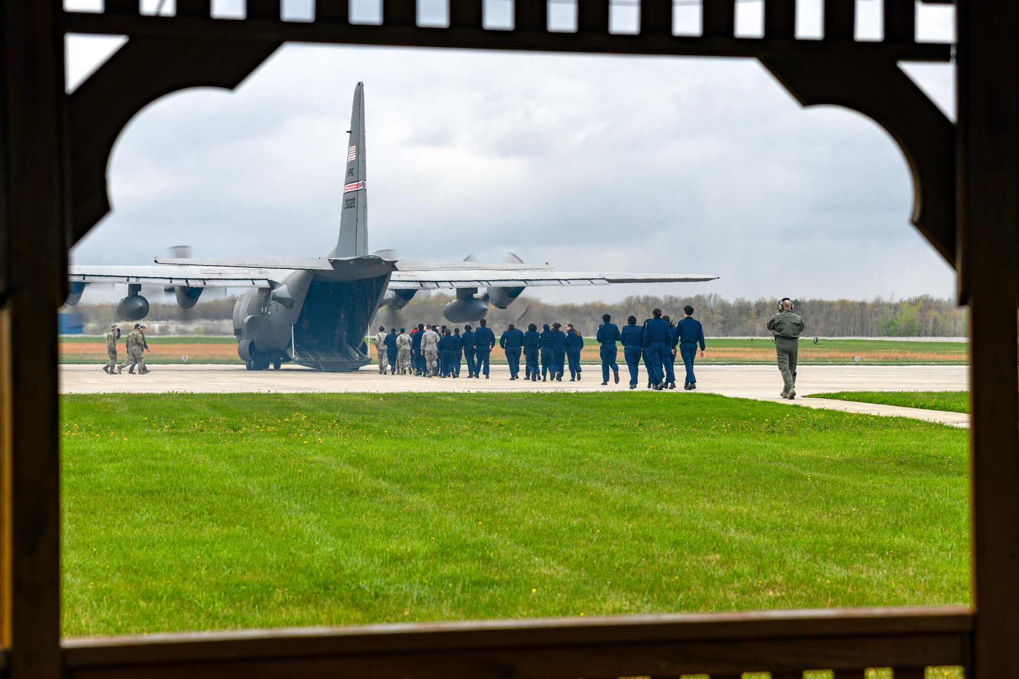 John Marshall High School Air Force Junior Reserve Officers' Training Corps cadets conduct an engines-running onload onto a C-130H Hercules aircraft assigned to the 910th Airlift Wing, April 17, 2023, at Youngstown Air Reserve Station.