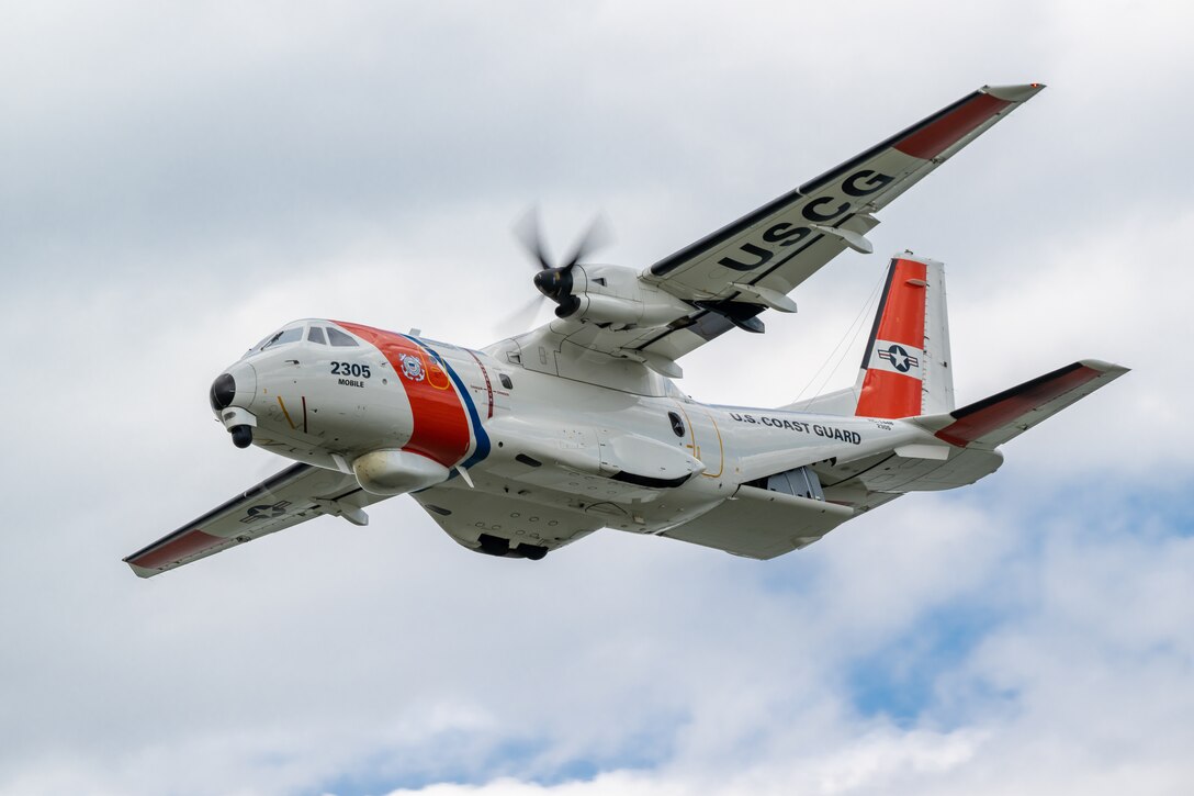 A U.S. Coast Guard HC-144 Ocean Sentry from Mobile, Ala., performs an aerial demonstration along the banks of the Ohio River in downtown Louisville, Ky., April 22, 2023, as part of the annual Thunder Over Louisville air show. This year’s event featured more than 20 military and civilian planes, including a C-130J Super Hercules from the Kentucky Air National Guard, which served as the base of operations for military aircraft participating in the show. (U.S. Air National Guard photo by Dale Greer)