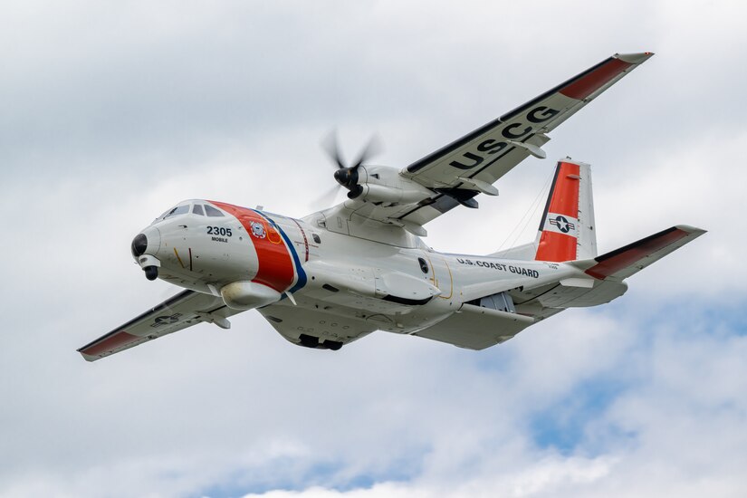 A U.S. Coast Guard HC-144 Ocean Sentry from Mobile, Ala., performs an aerial demonstration along the banks of the Ohio River in downtown Louisville, Ky., April 22, 2023, as part of the annual Thunder Over Louisville air show. This year’s event featured more than 20 military and civilian planes, including a C-130J Super Hercules from the Kentucky Air National Guard, which served as the base of operations for military aircraft participating in the show. (U.S. Air National Guard photo by Dale Greer)