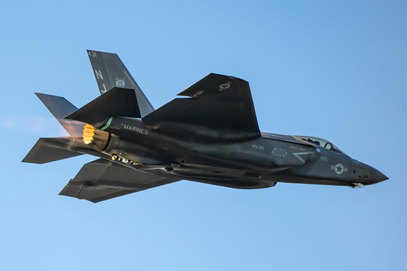 An aircraft from the U.S. Navy’s F-35C Lightning II Demo Team, based at Naval Air Station Lenmoore, Calif., performs an aerial demonstration along the banks of the Ohio River in downtown Louisville, Ky., April 22, 2023, as part of the annual Thunder Over Louisville air show. This year’s event featured more than 20 military and civilian planes, including a C-130J Super Hercules from the Kentucky Air National Guard, which served as the base of operations for military aircraft participating in the show. (U.S. Air National Guard photo by Dale Greer)