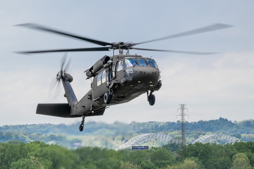 A U.S. Army UH-60 Black Hawk from the 229th Aviation Regiment at Fort Knox, Ky., performs an aerial demonstration along the banks of the Ohio River in downtown Louisville, Ky., April 22, 2023, as part of the annual Thunder Over Louisville air show. This year’s event featured more than 20 military and civilian planes, including a C-130J Super Hercules from the Kentucky Air National Guard, which served as the base of operations for military aircraft participating in the show. (U.S. Air National Guard photo by Dale Greer)