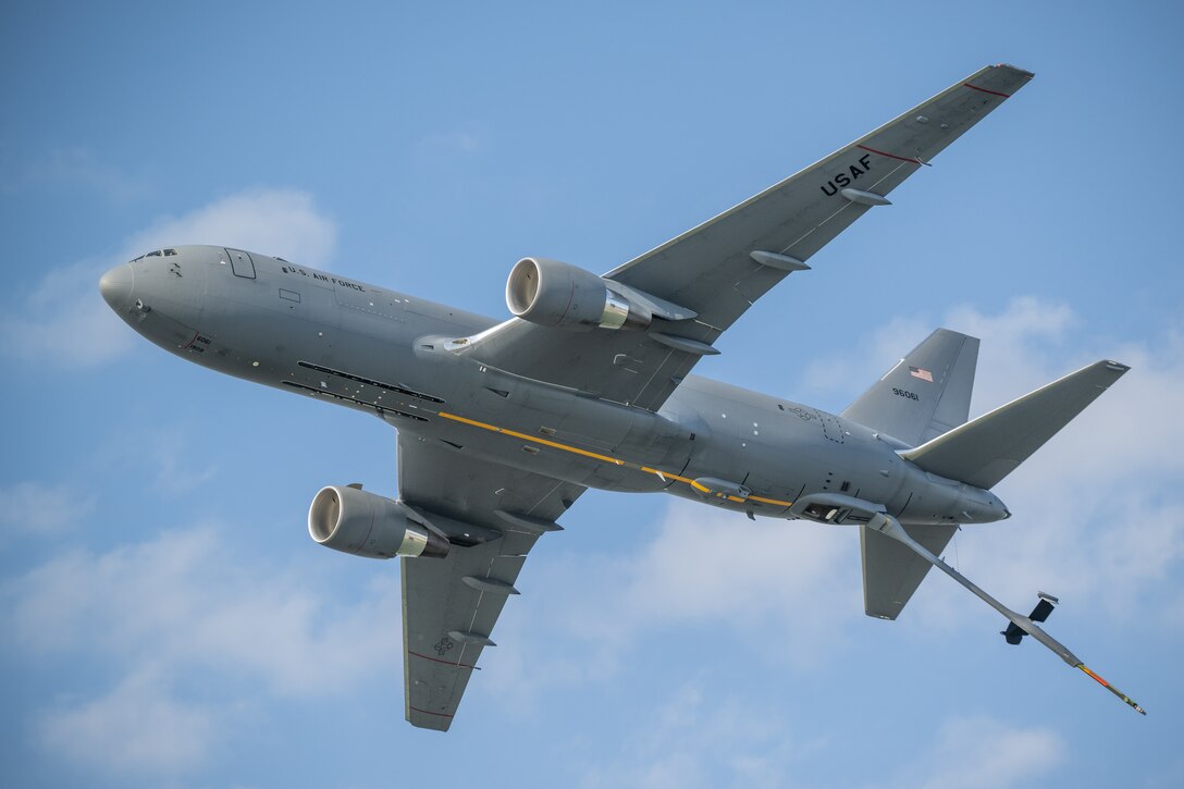 A U.S. Air Force KC-46 Pegasus from Joint Base McGuire-Dix-Lakehurst, N.J., performs an aerial demonstration along the banks of the Ohio River in downtown Louisville, Ky., April 22, 2023, as part of the annual Thunder Over Louisville air show. This year’s event featured more than 20 military and civilian planes, including a C-130J Super Hercules from the Kentucky Air National Guard, which served as the base of operations for military aircraft participating in the show. (U.S. Air National Guard photo by Dale Greer)