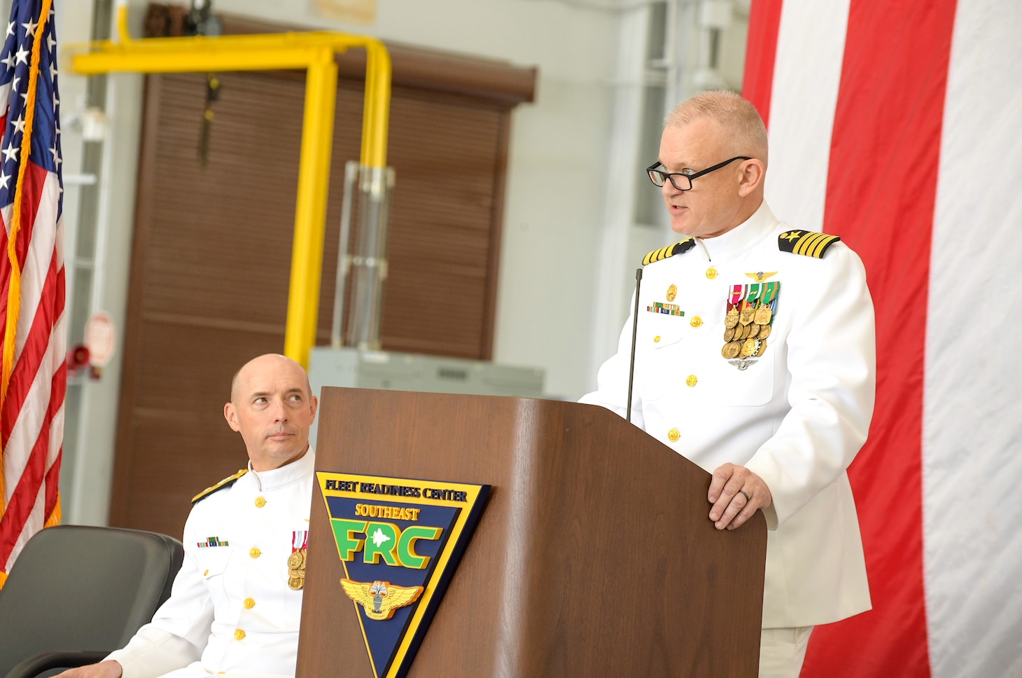 230421-N-DG679-005
JACKSONVILLE, Fla. (Apr. 21, 2023) Capt. William Palmer speaks after assuming command during the Fleet Readiness Center Southeast (FRCSE) change of command ceremony. Capt. William Palmer became FRCSE’s 45th commanding officer after relieving Capt. Grady Duffey during a change of command and retirement ceremony April 21st onboard Naval Air Station Jacksonville. (U.S. Navy photo by Toiete Jackson/Released)