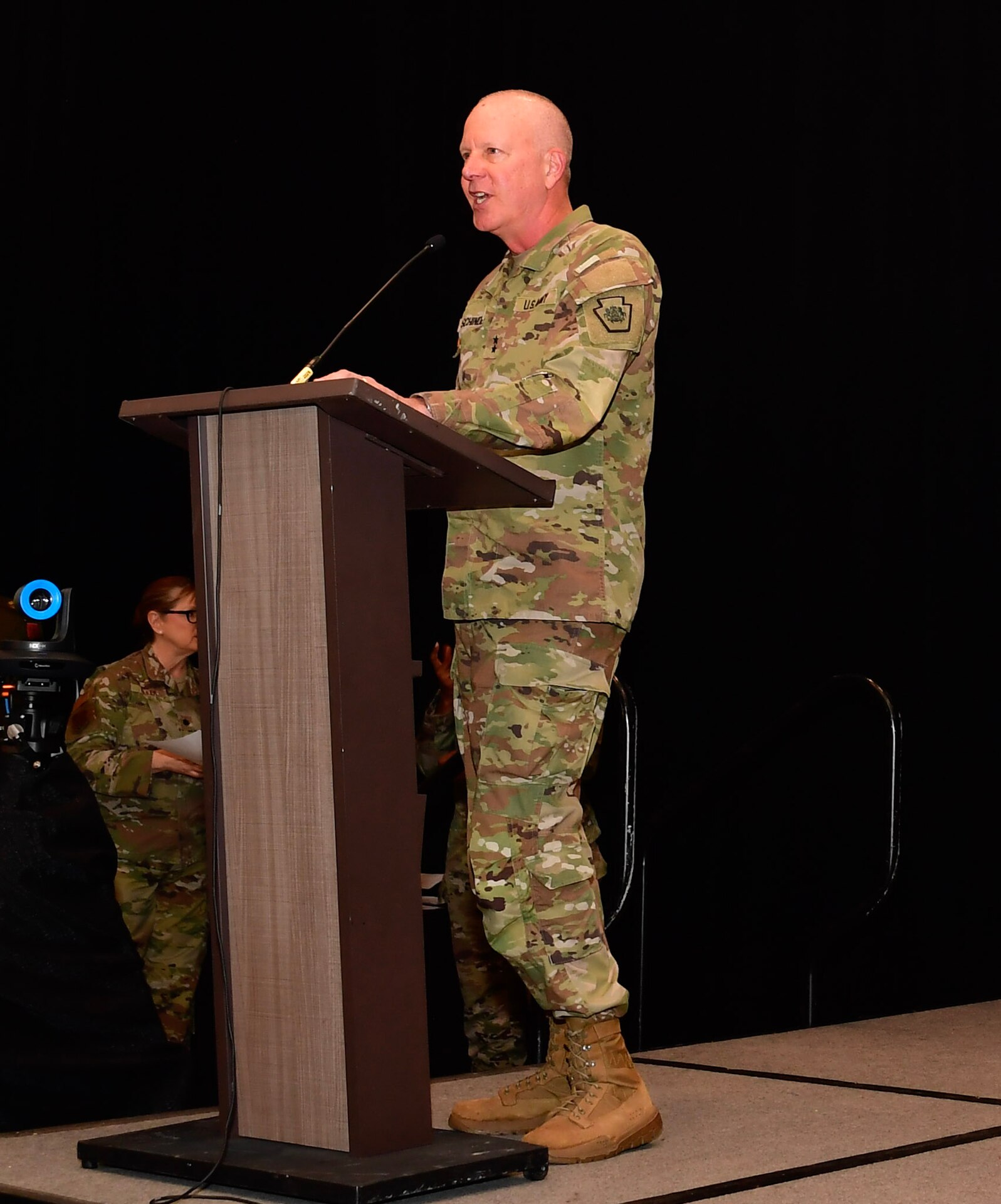 U.S. Army Maj. Gen. Mark Schindler, adjutant general Pennsylvania National Guard. speaks during the 2023 State Partner Program conference April 20, 2023 in Denver, CO. The annual conference brought together all 54 SPP directors, coordinators, and senior enlisted leaders to develop innovative solutions to pressing challenges, assisting our Partner Nations. (U.S. National Guard photo by: Sgt. 1st Class Elizabeth Pena)