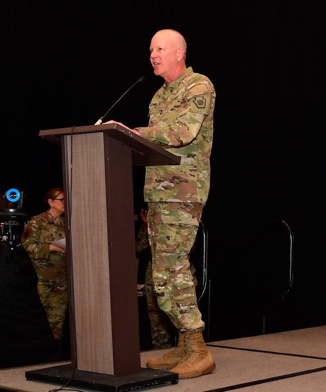 U.S. Army Maj. Gen. Mark Schindler, adjutant general Pennsylvania National Guard. speaks during the 2023 State Partner Program conference April 20, 2023 in Denver, CO. The annual conference brought together all 54 SPP directors, coordinators, and senior enlisted leaders to develop innovative solutions to pressing challenges, assisting our Partner Nations. (U.S. National Guard photo by: Sgt. 1st Class Elizabeth Pena)