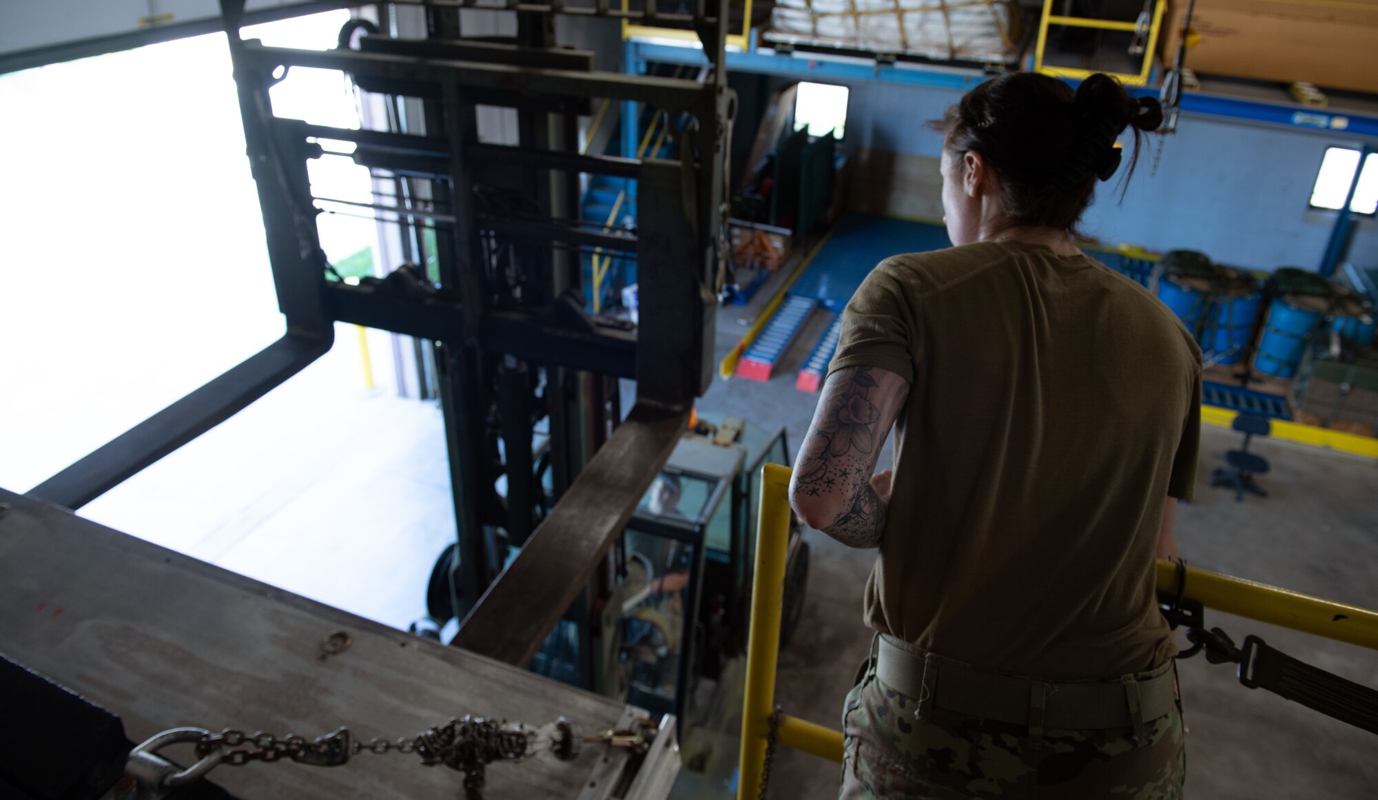 193rd Special Operations Wing Airmen place items on a storage rack with a forklift April 12, 2023 in Middletown, Pennsylvania.