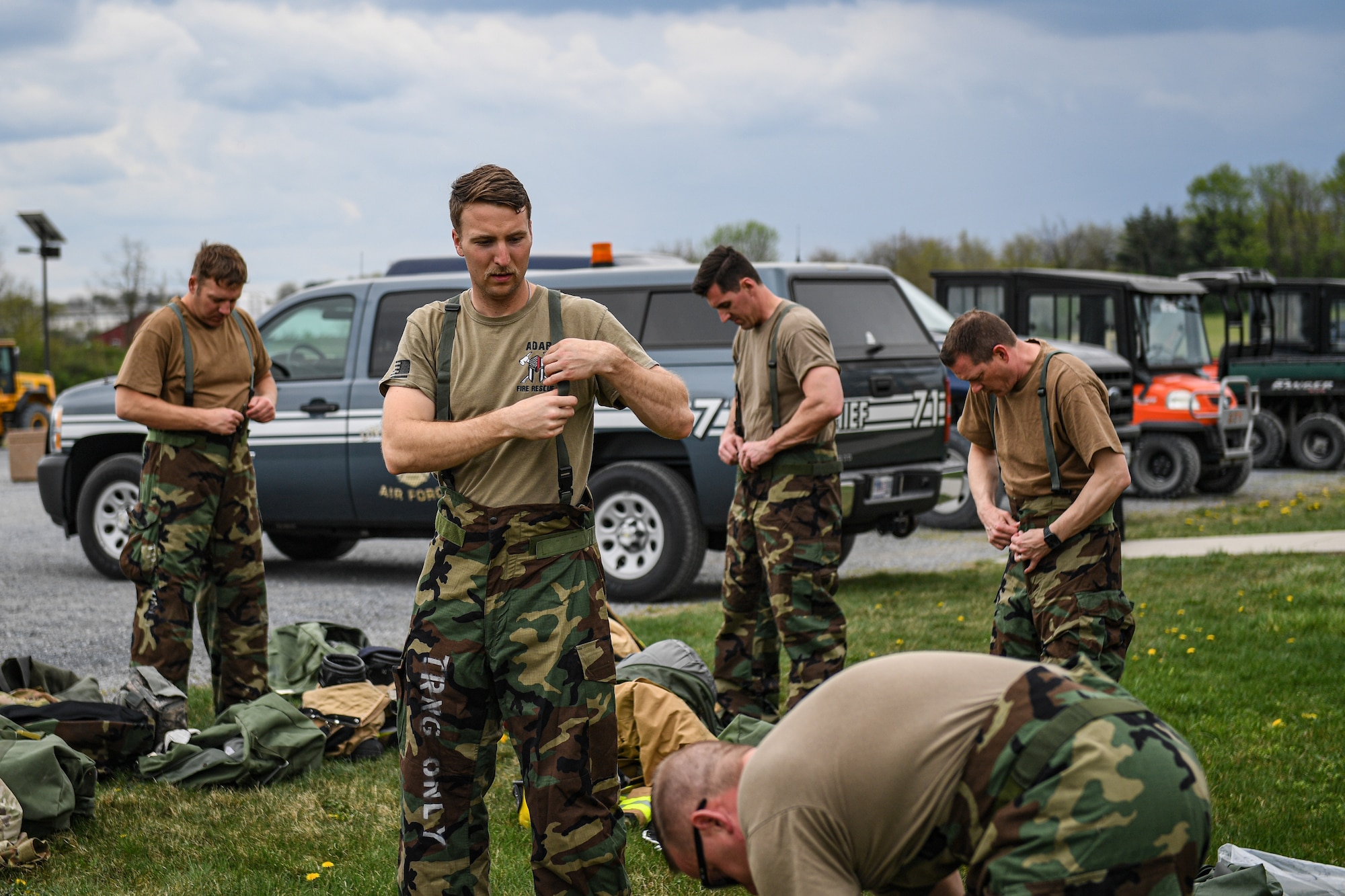 Airmen from the 193rd Special Operations Wing don their mission-oriented protective posture gear, during chemical, biological, radiological, and nuclear training at Fort Indiantown Gap, Pennsylvania, April 15, 2023.