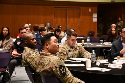 Leaders at the U.S. Army Medical Materiel Center-Korea listen during the Korea MEDLOG Summit, held March 20, 2023, at the Camp Carroll Community Activity Center auditorium. Pictured, from left, are Master Sgt. Willie Green, senior enlisted adviser; Maj. Myong “Mike” Pak, deputy commander for operations; and USAMMC-K Commander Lt. Col. Mark Sander.