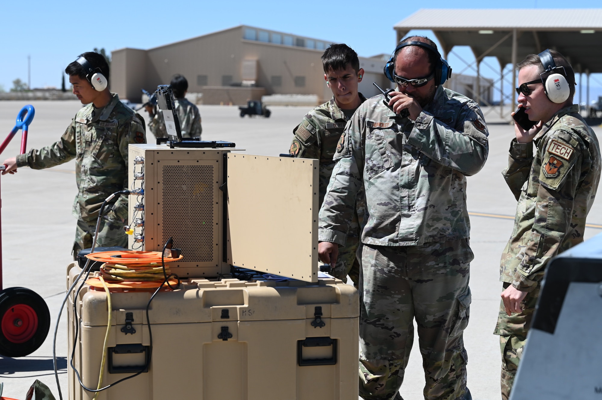Maintainers from the 49th Wing use a portable aircraft control station at Holloman Air Force Base, New Mexico, April 21, 2023 at Holloman Air Force Base, New Mexico.
