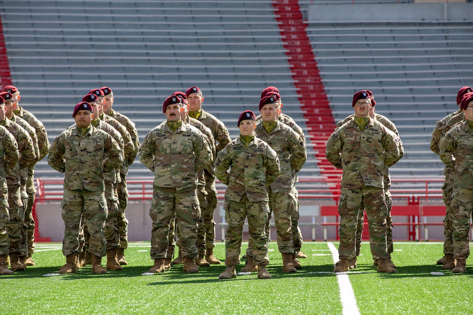 Friends, family and colleagues gathered together April 16, 2023, at Memorial Stadium in Lincoln, Nebraska, for a send-off ceremony for 131 Nebraska National Guard Soldiers of Alpha Company, 2-134th Infantry Battalion (Airborne).