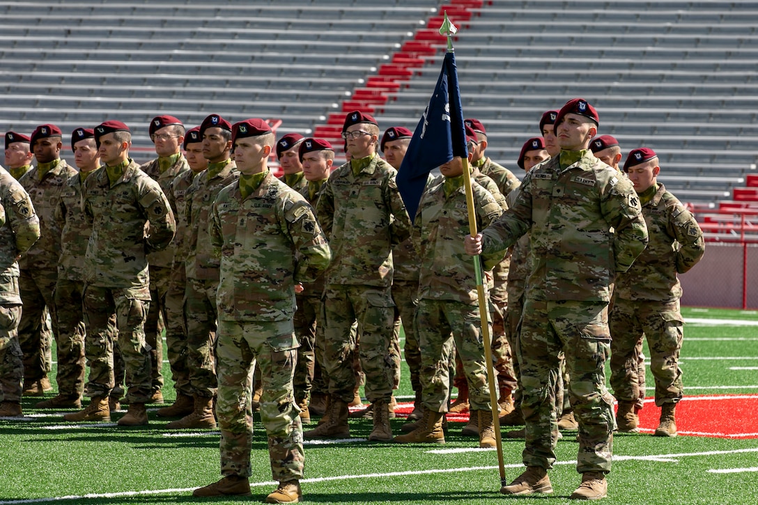 Friends, family and colleagues gathered together April 16, 2023, at Memorial Stadium in Lincoln, Nebraska, for a send-off ceremony for 131 Nebraska National Guard Soldiers of Alpha Company, 2-134th Infantry Battalion (Airborne).