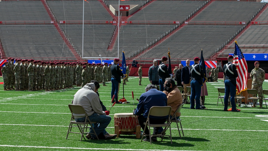 Friends, family and colleagues gathered together April 16, 2023, at Memorial Stadium in Lincoln, Nebraska, for a send-off ceremony for 131 Nebraska National Guard Soldiers of Alpha Company, 2-134th Infantry Battalion (Airborne).