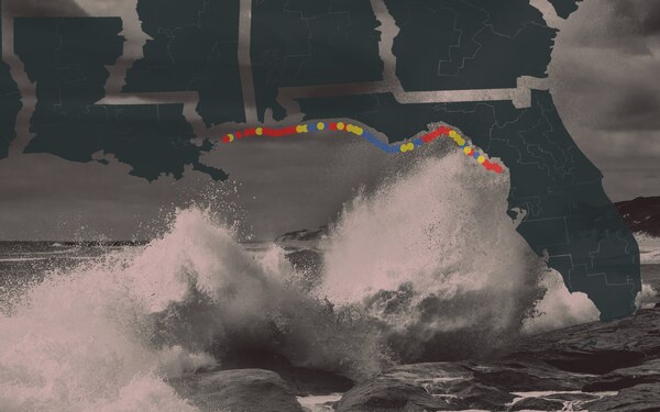 Wave crash on a shore line as a graphic with a color coded map of the United States gulf coast hovers above a wave.
