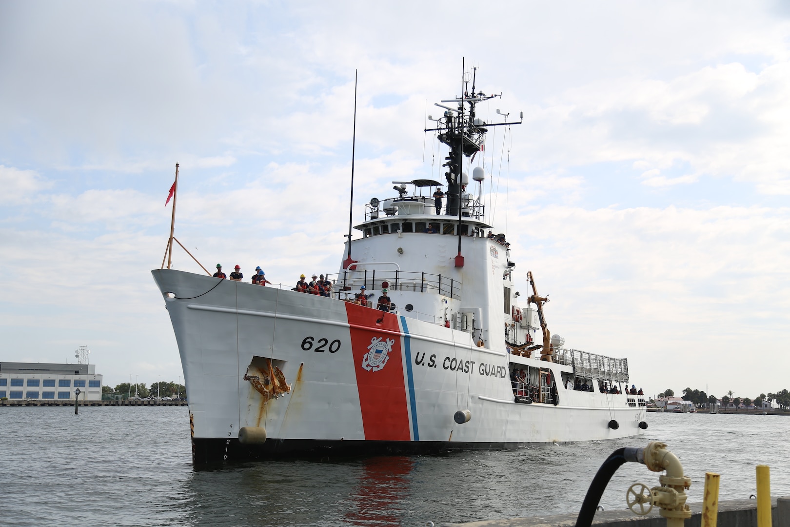 The crew of the Coast Guard Cutter Resolute (WMEC-620) return to homeport Apr. 25, 2023, after being on patrol for over 62 days. During patrol the crew of the Cutter Resolute worked on enforcing counter narcotics laws, deterring illegal migration and conducting search and rescue in support of Operation Vigilant Sentry. (U.S. Coast Guard photo by Petty Officer 3rd Class Erik Villa Rodriguez)