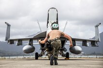 U.S. Navy Petty Officer 3rd Class Harrison Russell, aviation electronics technician with Strike Fighter Squadron (VFA) 115, prepares an F/A-18F Super Hornet, assigned to VFA-115, for flight operations out of Marine Corps Air Station Kaneohe Bay, Marine Corps Base Hawaii, April 13, 2023. VFA 41, 14, and 151 were able to sustain the maintenance of their aircraft through the use of the MCAS Kaneohe Bay flightline. (U.S. Marine Corps photo by Sgt Julian Elliott-Drouin)
