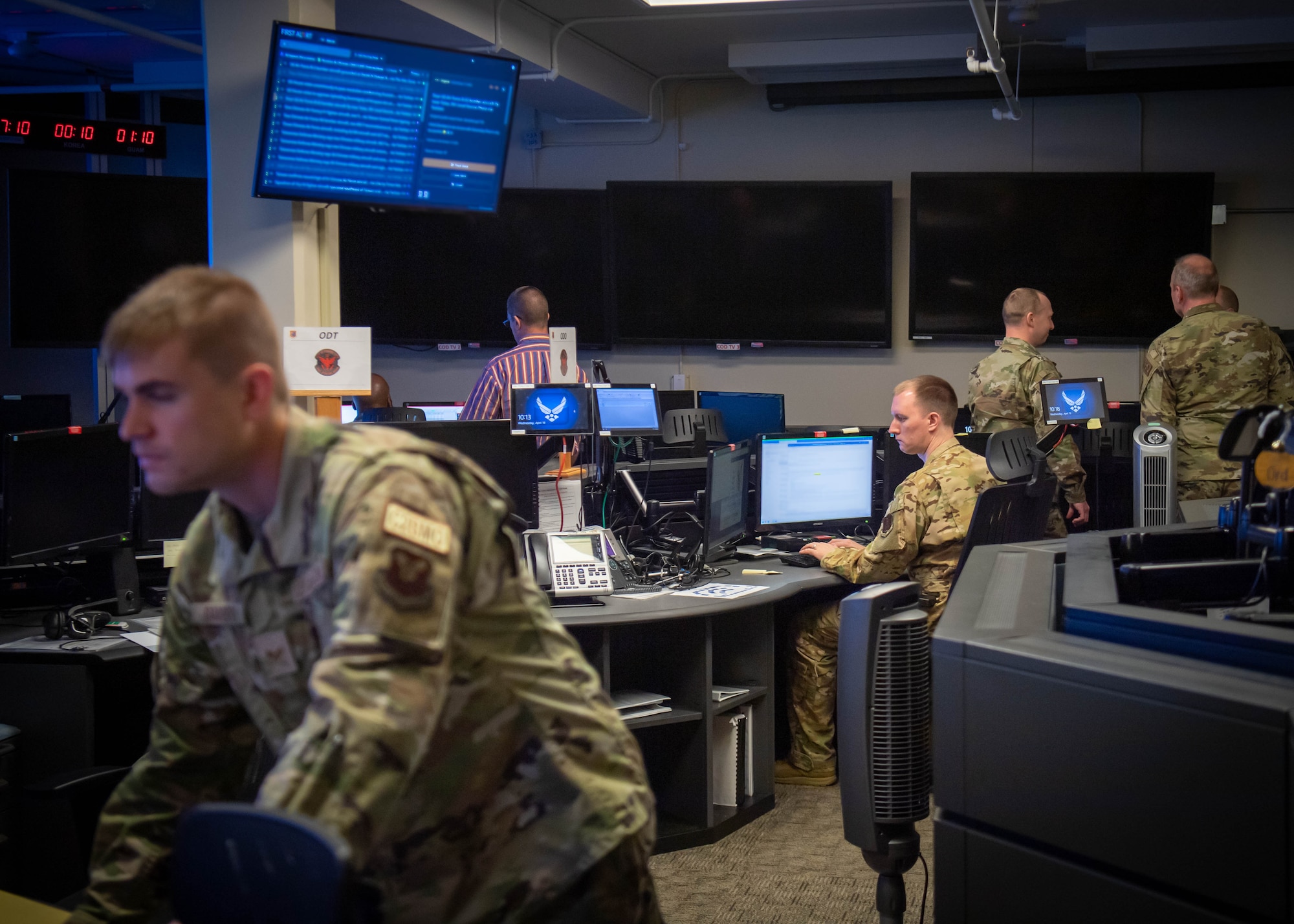 Airmen from the 608th Air Operations Center at Barksdale AFB, La., track and monitor bomber activity on the Combat Operations Division floor during exercise Global Thunder, April 18, 2023.