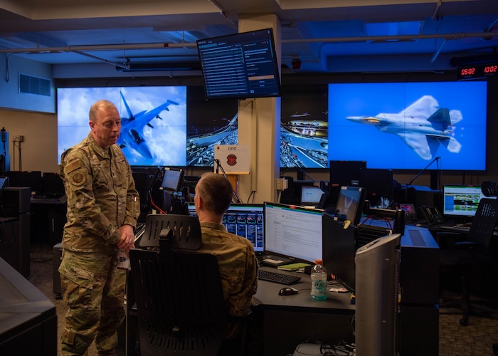 Airmen from the 608th Air Operations Center at Barksdale AFB, La., track and monitor bomber activity on the Combat Operations Division floor during exercise Global Thunder, April 18, 2023.