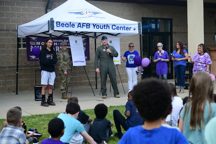 U.S. Air Force Col. James Bartran, 9th Reconnaissance Wing chief of staff, gives a speech at the Youth Center on Beale Air Force Base, California, April 21, 2023.