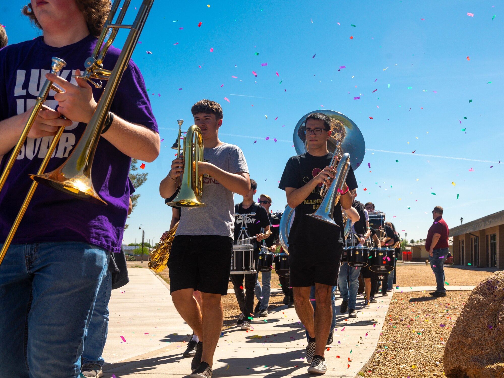 Students in the Shadow Ridge High School marching band perform, April 21, 2023, at Luke Air Force Base, Arizona.