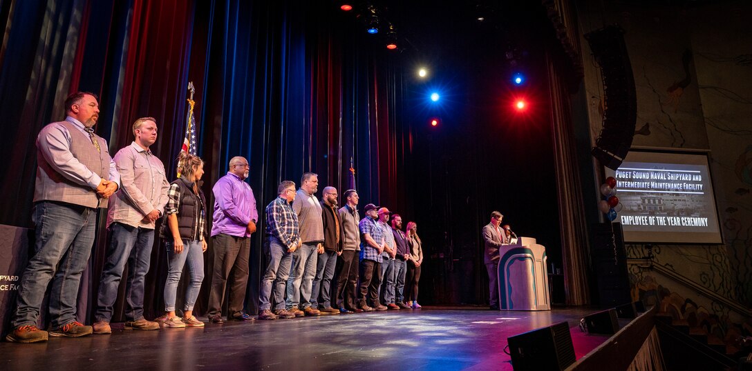 Nominees in the "Trades Supervisor -- Foreman (Blue Collar)" category take the stage at the Admiral Theatre April 25, 2023, during the annual Puget Sound Naval Shipyard & Intermediate Maintenance Facility Employee of the Year Awards ceremony in Bremerton, Washington. (U.S. Navy photo by Scott Hansen)