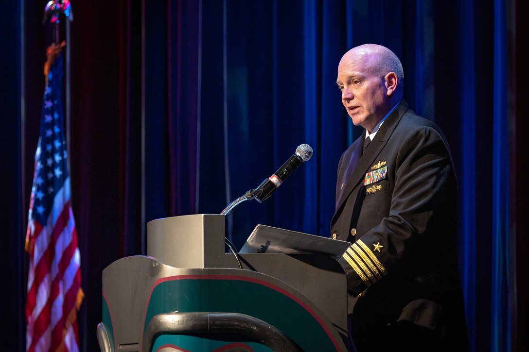 Capt. Jip Mosman, commander, Puget Sound Naval Shipyard & Intermediate Maintenance Facility, delivers opening remarks April 25, 2023, during the annual Puget Sound Naval Shipyard & Intermediate Maintenance Facility Employee of the Year Awards ceremony, in Bremerton, Washington. (U.S. Navy photo by Scott Hansen)
