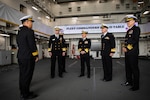 Commander, U.S. 7th Fleet Vice Adm. Karl Thomas; Japan Maritime Self-Defense Force Commander In Chief, Self-Defense Fleet Vice Adm. SAITO Akira; Royal Australian Navy Commander, Australian Fleet Rear Adm. Chris Smith; and Republic of Korea Navy, Commander, Republic of Korea Fleet Vice Adm. Kim Myung-soo are greeted for a shipboard tour at the 2023 Fleet Commanders’ Roundtable Discussion hosted aboard ROKS Hansando (ATH-81) in Busan, Republic of Korea, April 21. The meeting provided a forum to engage in professional dialogues on regional security challenges and maritime operations. U.S. 7th Fleet is the U.S. Navy’s largest forward-deployed numbered fleet, and routinely interacts and operates with Allies and partners to preserve a free and open Indo-Pacific.