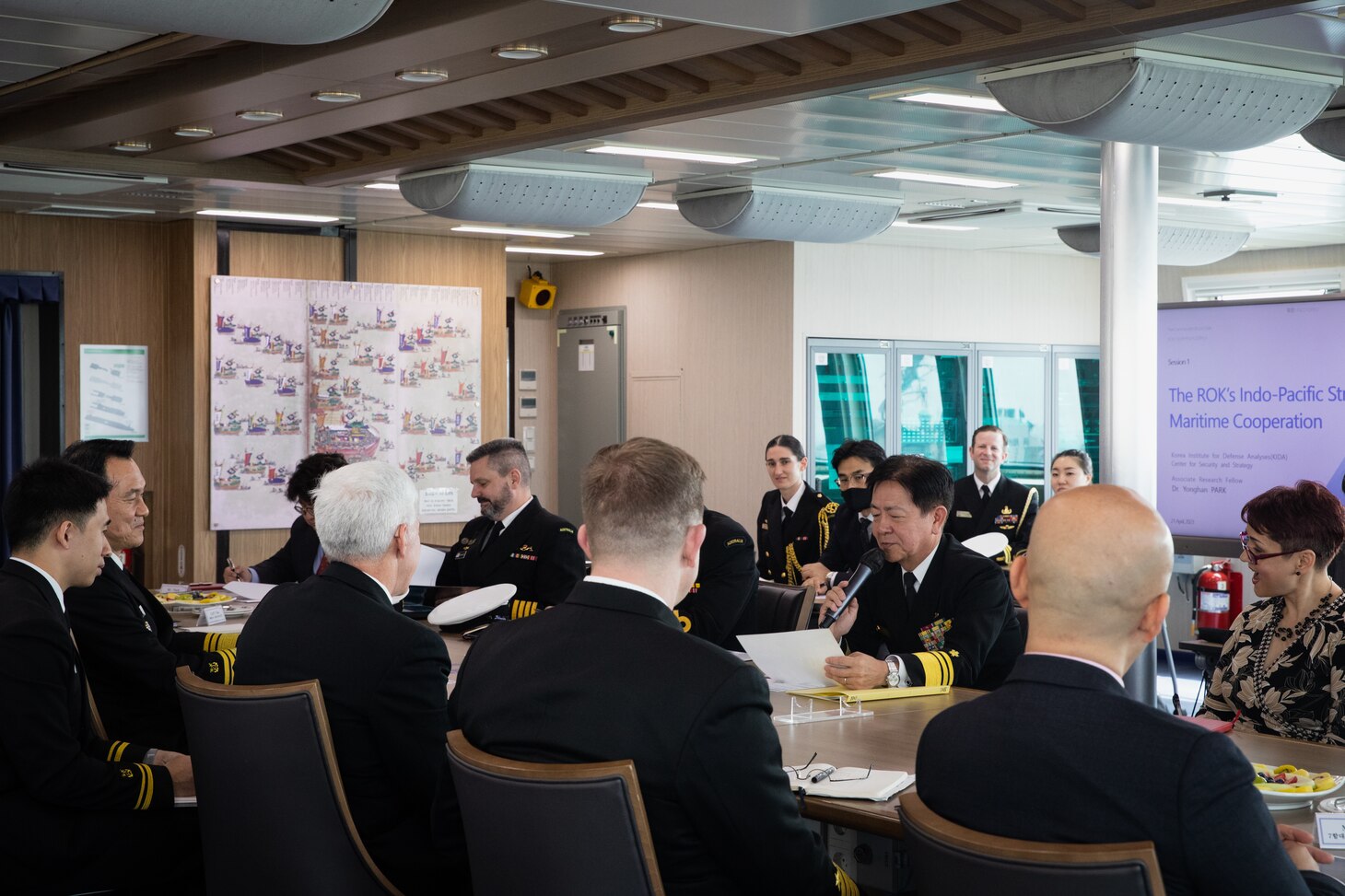 Japan Maritime Self-Defense Force Commander In Chief, Self-Defense Fleet Vice Adm. SAITO Akira provides remarks during the 2023 Fleet Commanders’ Roundtable Discussion hosted aboard ROKS Hansando (ATH-81) in Busan, Republic of Korea, April 21. The meeting provided a forum to engage in professional dialogues on regional security challenges and maritime operations. U.S. 7th Fleet is the U.S. Navy’s largest forward-deployed numbered fleet, and routinely interacts and operates with Allies and partners to preserve a free and open Indo-Pacific.
