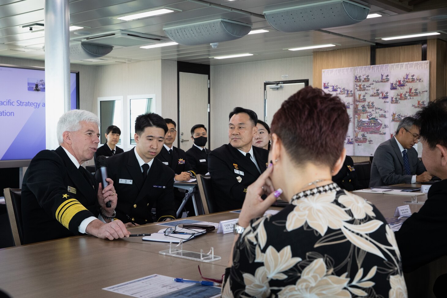 Commander, U.S. 7th Fleet Vice Adm. Karl Thomas provides remarks during the 2023 Fleet Commanders’ Roundtable Discussion hosted aboard ROKS Hansando (ATH-81) in Busan, Republic of Korea, April 21. The meeting provided a forum to engage in professional dialogues on regional security challenges and maritime operations. U.S. 7th Fleet is the U.S. Navy’s largest forward-deployed numbered fleet, and routinely interacts and operates with Allies and partners to preserve a free and open Indo-Pacific.