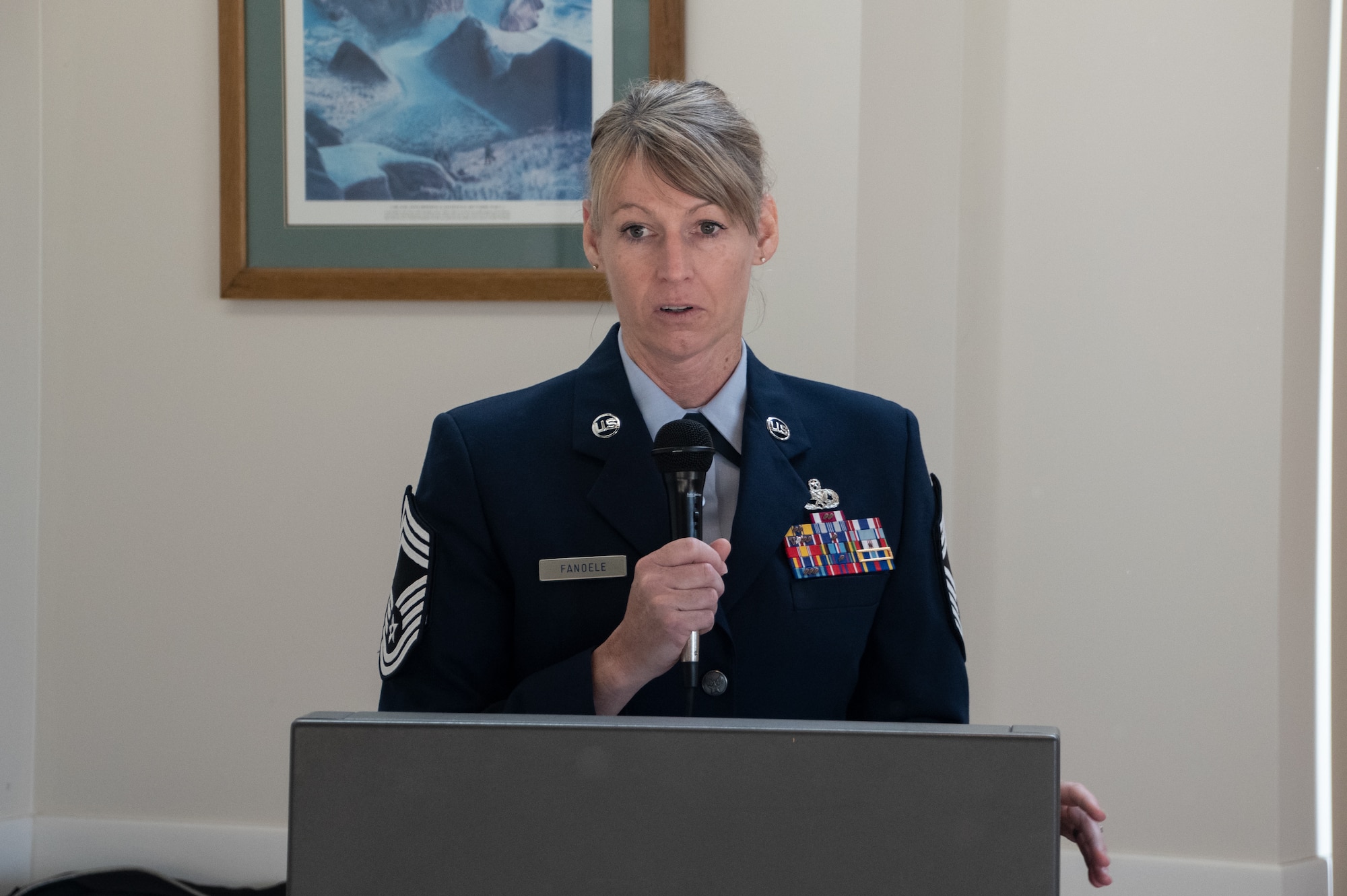 Chief Master Sgt. Jennifer Fanoele, 131st Bomb Wing Maintenance Operations Flight senior enlisted leader, gives a speech at her promotion ceremony on the Royal Oak Golf Course, Knob Noster Missouri, April 1, 2023. Fanoele has served with distinction for 23 years and continues to be an asset to the Missouri Air National Guard. (U.S. Air National Guard photo by Senior Airman Kelly C. Ferguson)