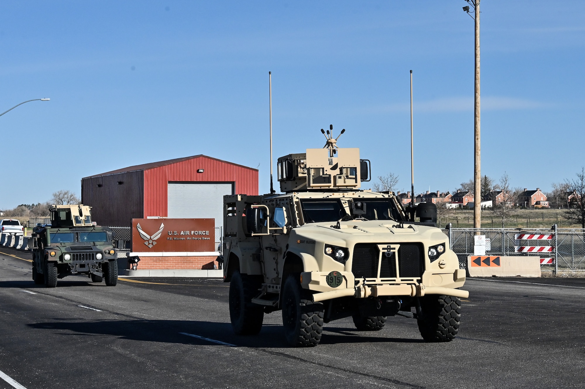 Airmen from the 90th Missile Security Forces Squadron conduct the first operational Joint Light Tactical Vehicle mission supporting maintenance at a launch facility near Harrisburg, Nebraska, April 24, 2023. This is the first step in modernizing the security forces vehicle fleet to provide more lethality and security for the nuclear enterprise. (Air Force photo by Joseph Coslett Jr.)