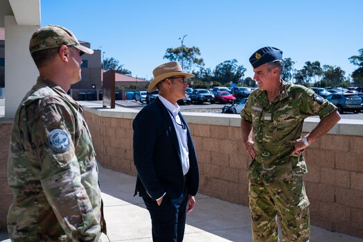  Royal New Zealand Air Force Air Commodore Shaun Sexton, Air Component Commander, right, greets Mr. Pell Thompson, Combined Force Space Component Command (CFSCC) Deputy Chief of Staff, middle, and U.S. Space Force Lt. Col.
Matthew Knepper, CJ5/8 Deputy Director, during the beginning of Sexton's visit to CFSCC headquarters at Vandenberg Space Force Base, Calif., April 21, 2023. The visit enhanced Sexton's understanding of what capabilities the CSpOC provides and helped to build key working relationships. (U.S. Space Force photo by Tech. Sgt. Luke Kitterman)