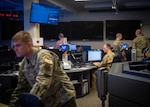 Airmen from the 608th Air Operations Center at Barksdale AFB, La., track and monitor bomber activity on the Combat Operations Division floor during exercise Global Thunder, April 18, 2023.