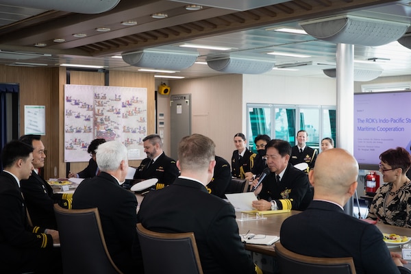 Japan Maritime Self-Defense Force Commander In Chief, Self-Defense Fleet Vice Adm. SAITO Akira provides remarks during the 2023 Fleet Commanders’ Roundtable Discussion hosted aboard ROKS Hansando (ATH-81) in Busan, Republic of Korea, April 21. The meeting provided a forum to engage in professional dialogues on regional security challenges and maritime operations. U.S. 7th Fleet is the U.S. Navy’s largest forward-deployed numbered fleet, and routinely interacts and operates with Allies and partners to preserve a free and open Indo-Pacific.